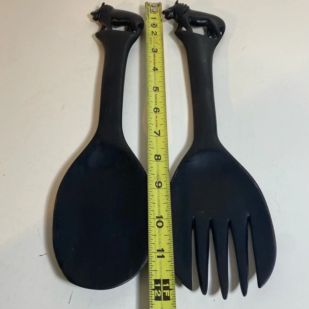 Carved Wooden Salad Fork & Spoon With Lions on The Handles